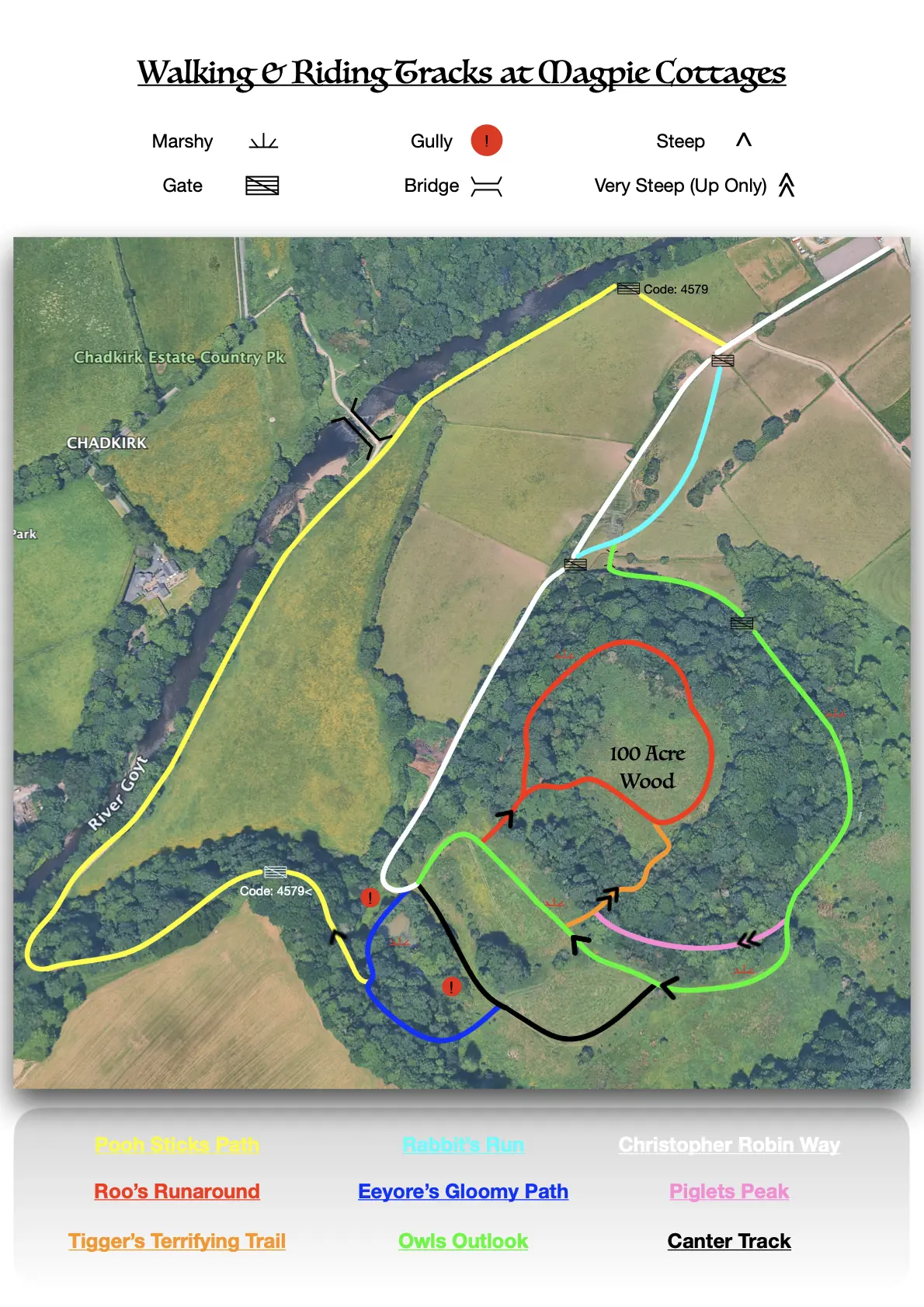 Walking and riding tracks at Magpie Cottages, with woodland routes, gates, bridges and steep sections.
